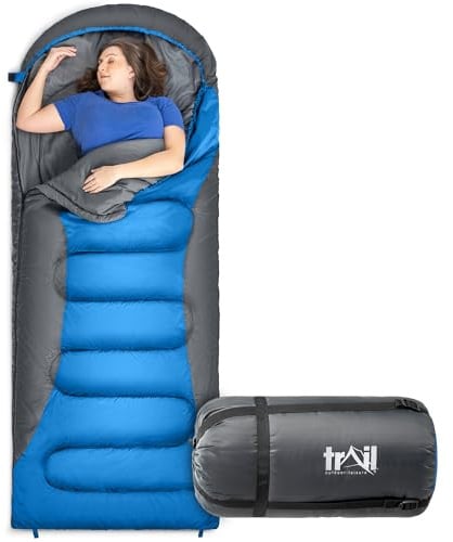 Trail Alpine 400 & 400 XL Sleeping Bags with Hood, Standard & Extra-Wide | 4 Season Envelope Shape, 400gsm Fibre Filling, 0°C Comfort Rating, Water-Resistant Shell, Drawcord Hood, Compression Bag