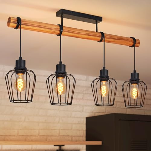 ZMH Vintage Plafonnier Salon Bois Lustre Style Industriel Noir 4 Lumières