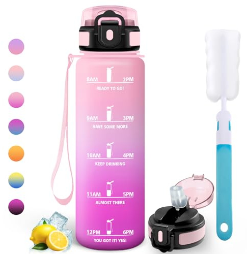 Motswedi Borraccia 1 litro, Bottiglia d'acqua Sportiva, Comprende 6 Paglie e 1 Spazzola di Spugna, Borraccia Palestra, Bottiglia Acqua 1l, per Palestra, Viaggi, Ciclismo, Rosa chiaro & Rosso rosa