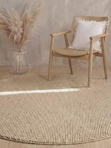 Ted Baker Wollteppich Diana - Natürlicher Wohnzimmerteppich Rund, 100% Wolle, Handgewebt & Zeitlos, Naturfaser Teppich, Skandi Look für Wohnzimmer, Schlafzimmer, Esszimmer – Hellbeige, Ø 200 cm