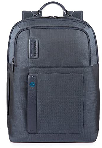 Piquadro P16 Zaino grande in pelle e tessuto porta PC 15.6 a due scomparti, Blu