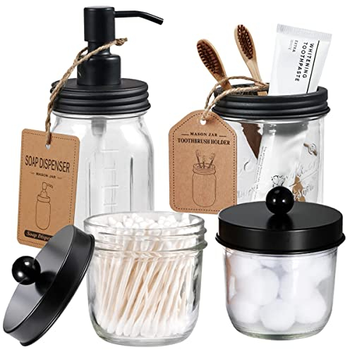 Mason Jar Bathroom Accessories Set(4 Pcs) -Lotion Soap Dispenser &Cotton Swab Holder Set &Toothbrush Holder-Rustic Farmhouse Decor Apothecary Jars Vanity Organizer-Perfect Gift&Decorating Idea (Black)