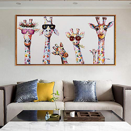Willion Leinwand Wandkunst Nordic Bunte Cartoon Tier Poster und Drucke Das Pferd und Giraffe Familie Gemälde Wandbilder Wohnzimmer Dekor 70x150cm / 27.6x59.1 Rahmenlos