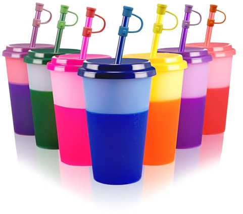 Patinao 7 Stück Becher Tasse Trinkbecher mit Strohhalm & Deckel - 350ml Farbwechselbecher Mehrweg Plastikbecher Kinder Tasse Eiskaffee Smoothie Cup Travel Mug (mit Silikon Strohhalm Cover)