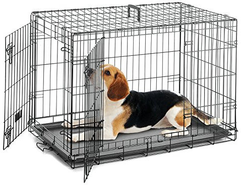 Raxter Puppy Dog Crate 42 Inch Foldable Double Door 4 Locks Metal Dog Cage with Carry Handle & Removable Plastic Tray Small Pet Playpen Kennel for Cats, Dogs Training, Animals Travel & Safety