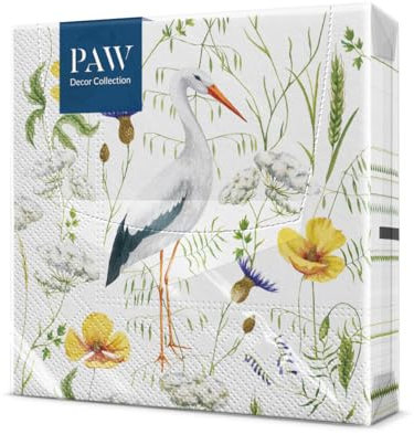 PAW - Servietten 3-lagig (33 x 33 cm) I 20 Stück I Perfekt für Geburtstage, Partys, Hochzeiten, Kommunion und Feiern I Tischdeko Bunte Papierservietten - Storch in der Wiese I Stork In Grassland
