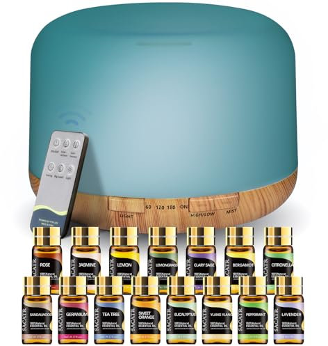 Essential Oil Diffusers with Remote Control, Diffusers for Essential Oils Large Room Humidifier, Aromatherapy Diffuser with 7 Colors Lights & 3 Mist Mode Waterless Auto Off (500ml)