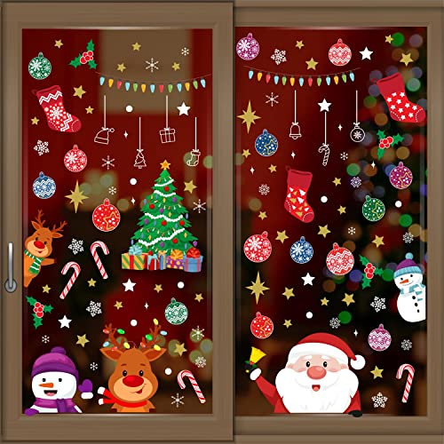 WALPLUS Christmas Window Stickers Clings Xmas Decoration Reusable Double-Sided Print Decals for Glass Living Room Windows Display Xmas with Santa and Friends 109 Pieces
