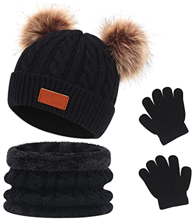 Waylipun 3 in 1 Kinder Wintermütze Schal Handschuhe Set, Strickmütze Babymütze Kinder Mütze Set, Warme Winter Beanie Hut Handschuhe Schal Set für Kinder Jungen Mädchen, 1-5 Jahre (Schwarz)