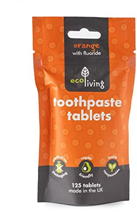 ecoLiving Toothpaste Tablets: Natural Orange Flavor; Eco-Friendly Teeth Whitening; 2 Month Refill Supply in Compostable Pouch; Vegan; SLS Free; Plastic-Free Fluoride Tabs; Made in UK; 125 Tablets