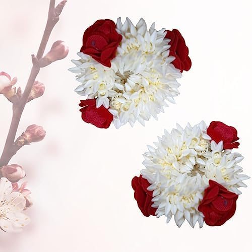Estationeryhouse Haargummi-Armband, Hand-Gajra, indischer Hochzeitsblumenschmuck, Mogra und elastisches Gajra, 2 Stück in Jutebeutel (mit Rose)