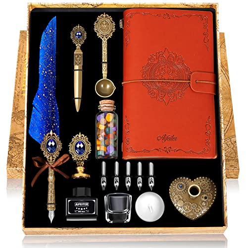 MPRINCE Feather Calligraphy Pen Set - Quill Pen and Ink Set - Christmas Gifts - Blue
