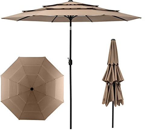 TANGZON 3M 3-Tier Garden Parasol Umbrella, Double-Vented Patio Umbrella with Tilt Mechanism & Crank Handle, Outdoor 8-Rib Table Umbrella Sunshade for Beach Market Poolside (Coffee, 293 x 252cm)