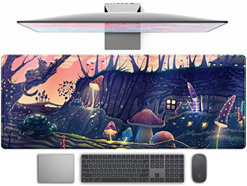 Cute Magic Mushroom Mouse Pad Dream Forest Desk Mat XL Kawaii Anime Cool Cat Office Decor Gaming Mousepad Long Laptop Keyboard Pads Accessories for Women Work Desktop Cover Pad 31.5x11.8 in