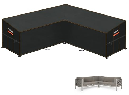 HEIMUNI Housse Canapé d'angle de Jardin Étanche, Bâche de Protection Salon de Jardin en Forme L Imperméable Housse de Meubles en 420D Oxford Tissu pour Meublier Extérieur 255x255x100x80/65cm