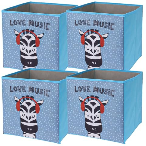 Murago - 4er Set Faltboxen ca. 30x30x30 cm Zebra - Aufbewahrungsboxen faltbar Körbe mit Motiv Hellblau Spielzeug Kiste Boxen Stoff Würfel Regalkorb Klappbox für Kinderzimmer