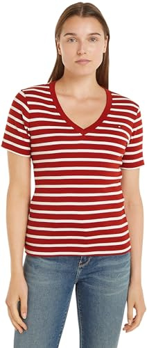 Tommy Hilfiger Camiseta de Manga Corta Mujer New Slim Cody con Cuello de Pico, Multicolor (Breton STP/Dark Magma/Ecru), S