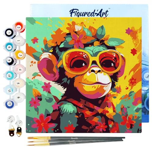 Figured'Art Mini Peinture par Numéro Adulte 20x20cm avec cadre Singe Fantaisie et Fleurs - Petit Format Kit de Loisir Créatif DIY Numéro d'Art Complet