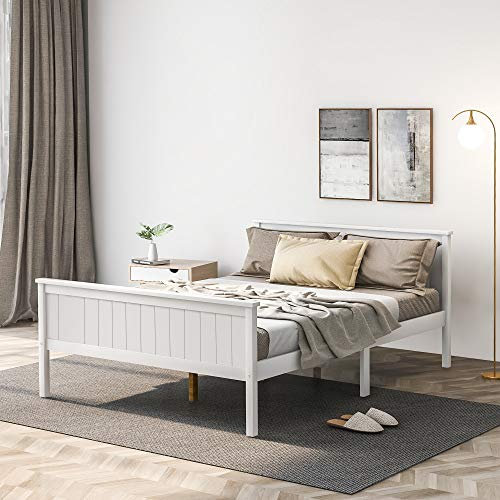 BTM Ivory Double Wooden Bed Frame with Headboard and Footboard, Pine Wood Double Bed for Kids Bedroom