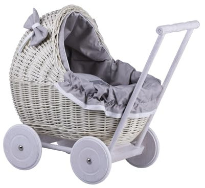 e-wicker24 Alles aus Weide Puppenwagen aus Weide, cremeweiß, Griff und Rollen aus Holz mit grauem Stoff, Mickeygrau (grau)