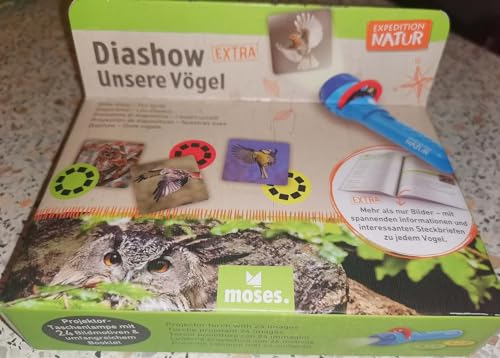 moses. Expedition Natur Diashow EXTRA - Unsere Vögel, Projektor-Taschenlampe für Kinder, 24 Bilder zu heimischen Vogelarten, mit Vogelbuch in Steckbriefform