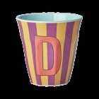 Rice Melamin Becher medium gestreift mit Buchstaben, Modell für Junge Blau-Grüntöne, Größe 9 x 9 cm (D Mädchen)