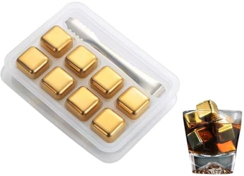 Kellegour Edelstahl Whiskey Steine,8 Stück Wiederverwendbare Edelstahl Eiswürfel Metall,Metall Kühlsteine,Whiskey Ice Cubes,mit Clips,Bar Zubehör Für Wein,Wodka,Likör,Getränkesaft oder Limonade,Golden