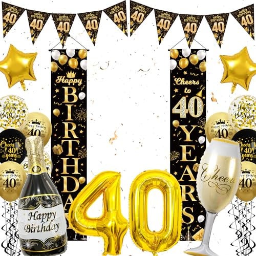 40th Birthday Decorations Women Men - Black Gold Happy 40th Birthday Door Porch Sign Banner Triangle Bunting Flags, Latex and Foil Balloons, Cheers to 40 Years Theme Party Supplies for Her and Him