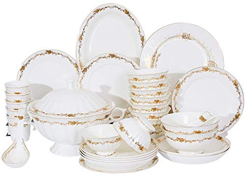 QUSYZD Set di stoviglie in Ceramica con 46 Pezzi, Ciotola/Piatto/zuppa/Cucchiaio|Set da tavola in Bone China, Set Combinato in Porcellana con Motivo Rosa Oro,