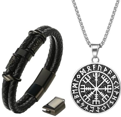 OIDEA Herren Halskette Wikinger Set: Silber Schwarz Viking Schmuck Lederarmband Verstellbare Armband Armreif mit Wikinger Runen Hammer Anhänger Kette Ohrringe Creolen Edelstahl Geschenk für Männer