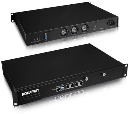 ROUAFWIT 1U Rackmount Firewall Micro Appliance, Celeron N100 Network Security Router PC Hardware, 4 x i226V 2.5Gbe LAN, 19 Inch, 3 Display, VGA, COM, Barebone, NO RAM NO Storage