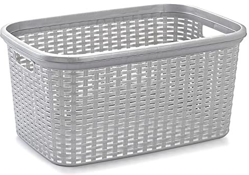 AC - Cesta Colada Rectangular de plástico - Fabricado en España - Capacidad de 35 litros - Estilo Mimbre - 53,5 x 36 x 26,5 cm - Color Plata
