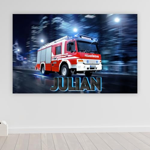 timalo® Cooles Feuerwehr Poster mit eigenem Namen | Bild für die Wand | Wandbild für Kinder Jungen mit Feuerwehrauto Kinderzimmer Deko personalisiert | child006-B120xH61cm