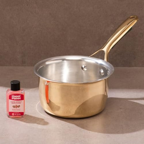 P-TAL 1.8L Golden Brass Saucepan | 7.9kg Max Weight | Uncoated Finish | 100% Pure Brass with Tin Coating | Non-Stick & Oven Safe | Free 30ml Copper & Brass Cleaning Solution