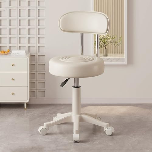 Ergonomischer Hocker mit Rollen und Lehne Höhenverstellbarer 41-53cm Barhocker Leder Friseur Hocker mit Rollen Hoch Teleskophocker Erhältlich(White)