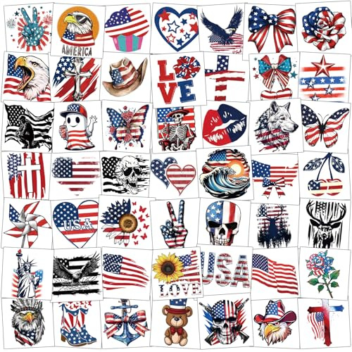 Lot de 117 feuilles de tatouages temporaires pour le jour de l'indépendance, 4 de juillet, faux tatouage patriotique américain, drapeau américain, aigle, papillon, croix pour adultes et enfants