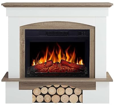 ArtiFlame Elektrokamin Woodley AF23S Weiß mit LED-Flammeneffekt, Heizung bis 30 m², Fernbedienung, realistisches Design, energiesparend, freistehend, Graue Eiche