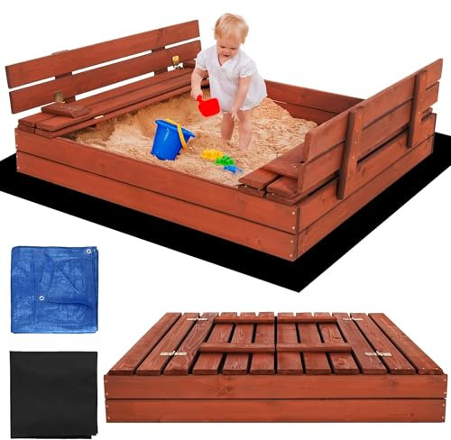 Bac à sable avec couvercle, 120 cm, en bois, avec banc, résistant aux intempéries et imprégné, couvercle pliable, sans danger pour les enfants et bois FSC SPRINGOS