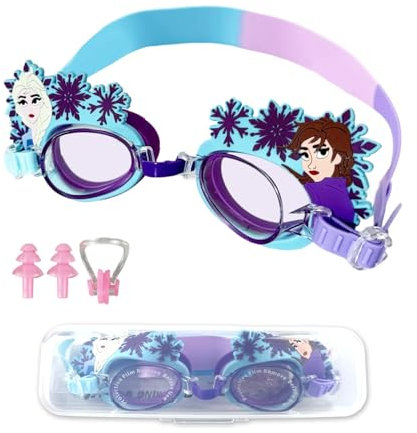 Occhialini da Nuoto Frozen per Bambini 3-12 Anni, Occhialini Piscina Anti Appannamento Regolabili, Nasello Flessibile e Protezione UV, con Tappi per Orecchie, Clip per Naso e Custodia