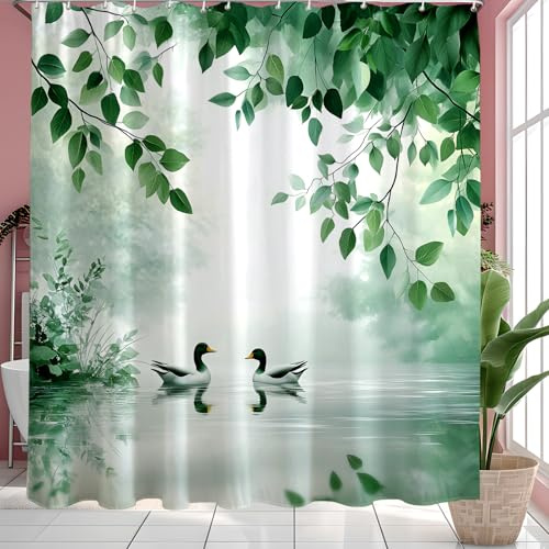 Duschvorhang Polyester, 180x180cm Grün Blätter Pflanzen Design | Wasserabweisend, Maschinenwaschbar, Schnelltrocknend, mit 12 Ösen+Ringe, für Dusche, Feuchträume