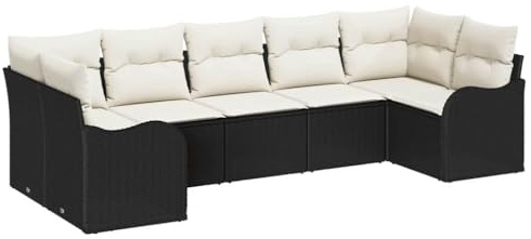 vidaXL 7-teiliges Garten-Sofa-Set für draußen mit Kissen in Schwarz und Weiß, aus wetterfestem Poly-Rattan, modulares Design, abnehmbare Bezüge, ideal für Terrasse oder Balkon, hoher Sitzkomfort.