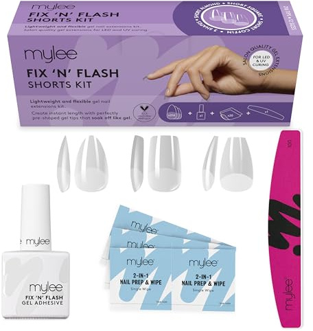 Mylee Fix N Flash Soft Gel Tips Kit - Full Cover, 3 Shapes, 216 Pcs (10ml) | File, Nail Art Extensions, Almond, Square & Coffin, Includes Gel, Flexible & Resistant