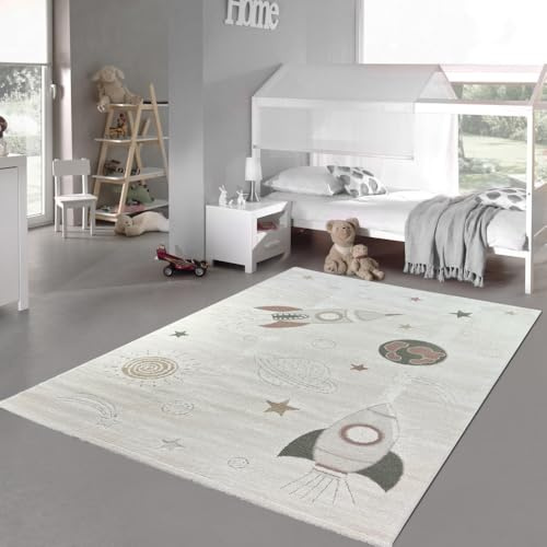 Teppich-Traum Kinderteppich Weltraummotiv Creme Grau Beige 160x230 cm | Sterne, Planeten, Raketen und Kometen, 3D-Hoch-Tief-Effekt, weicher Flor, pflegeleicht, robust, OEKO-TEX, Kinderzimmer
