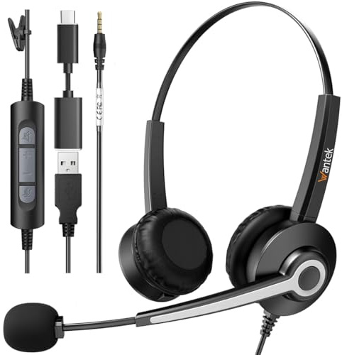 Wantek Cuffie con microfono USB 3,5 mm Jack Tipo C Adattatore Professioanl Cuffie con Cancelling Mic per Call Center Business Online Chat Corsi PC Smartphone MacBook