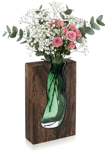 Blumenvase Moderne Vase Glas Vase, Elegante Glasvase Rechteckig Schmale Blumenvasen mit Holzsockel für Home Office Hochzeit Dekorations, Höhe 24 cm, Geschenk für Einweihungsparty feiern