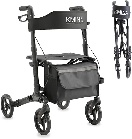 KMINA Rollator faltbar mit Sitz, Höhenverstellbar, Bremshebel, Schwarz | Leicht und kompakt, Abnehmbare Tasche, Stockhalterung, Feststellbremse, Für Senioren und Erwachsene, Modell Advance
