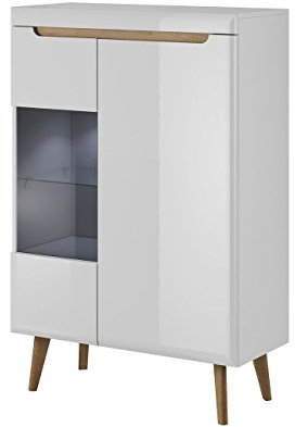 Furniture24 Vitrine NORDI Vitrinenschrank Standvitrine mit LED Beleuchtung (Weiß/Weiß Hochglanz)