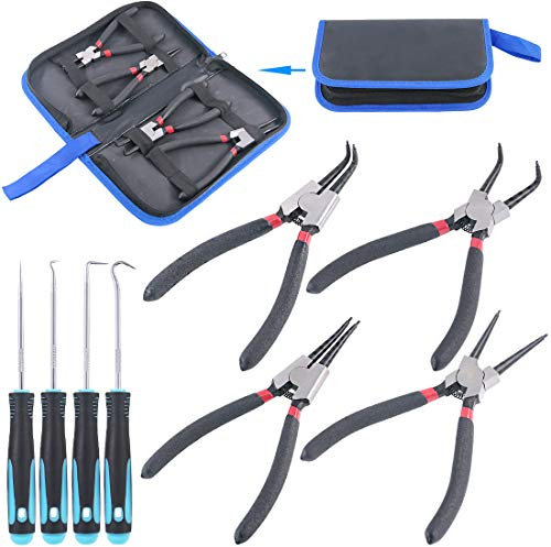 Glarks Sicherungsringzange, 17,8 cm, mit 4 Präzisionshaken, 17,8 cm, für Ringentferner, zum Halten und Entfernen von Schläuchen, Dichtungen, 4 Stück