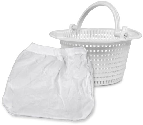 POOL Total Skimmerkorb für Miniskimmer mit 5 Skimmerbeuteln - Arretierbarer Kunststoffkorb mit Henkel - Feinfilter aus Nylon - Passend für Standard Mini- und Breitmaulskimmer - 15,5 x 7,5 cm