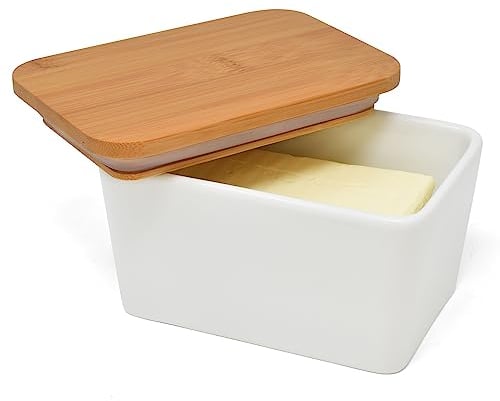 Joeji's Beurrier Céramique 500 ml avec Couvercle Bambou et Joint Silicone – Boîte à Beurre Hermétique pour Réfrigérateur – Beurrier Porcelaine Design pour Beurre Frais